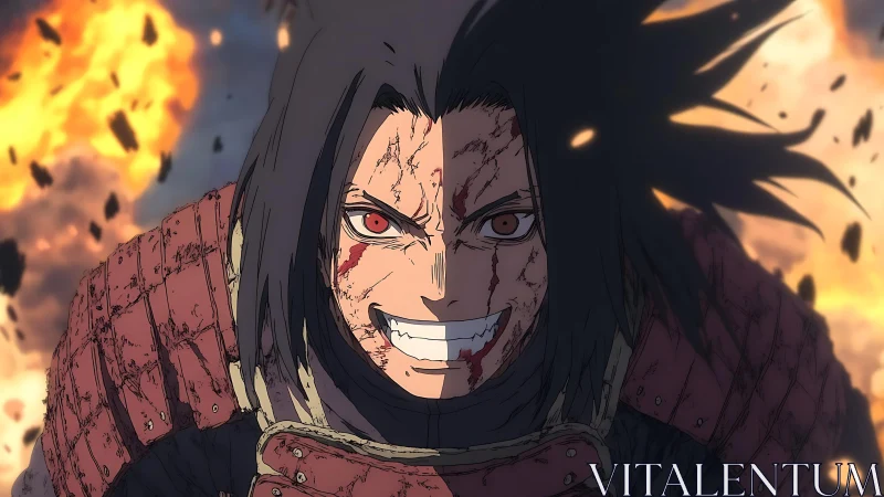 Battle-scarred warrior grinning amid explosive chaos.