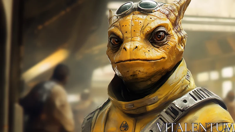 Alien pilot in yellow flight suit stands inside spaceport.