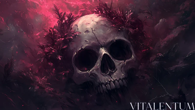 Skull crowned by crimson foliage glows in ethereal gloom.