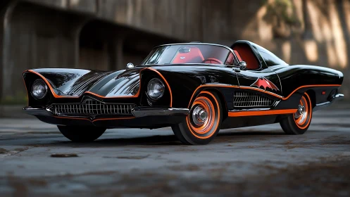 Retro black roadster with orange trim under soft daylight.
