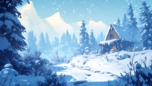 Snow covered cabin amid dense winter forest landscape.