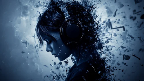 Headphone silhouette dissolves into abstract digital soundscape.