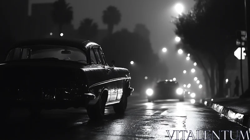 Moody vintage car gliding through a misty city night.