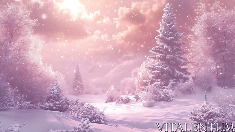 Soft rose-tinted winter forest glowing under falling snow.