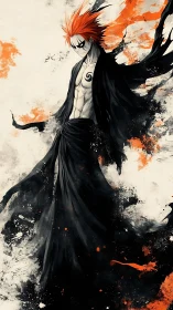 Ember-haired reaper walks through inkstorm and falling embers.