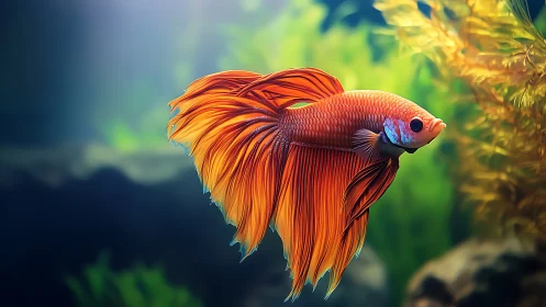 Orange betta fish in bright freshwater aquarium scene.