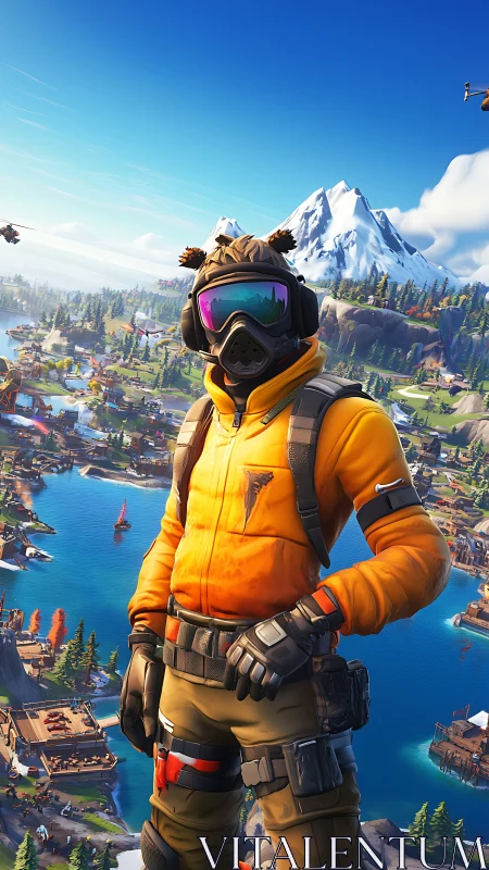 Masked explorer avatar in orange jacket over alpine island map