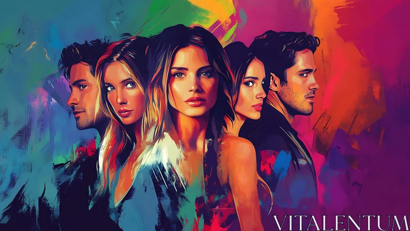 Five stylized portraits stand against vivid abstract colors