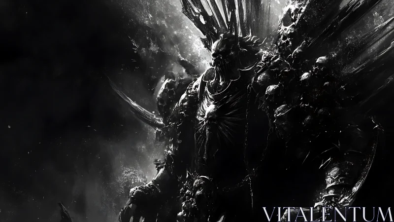 Shadow crowned warlord in fractured monochrome armor.