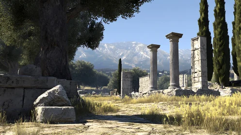 Sunlit ancient ruins resting beneath quiet mountain skies.