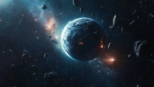Calm blue planet drifting through a glowing asteroid field.