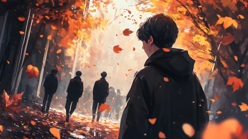 Solitary figure walks through glowing, windswept autumn street