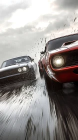 Muscle cars duel on rain-slick highway in dynamic chase.