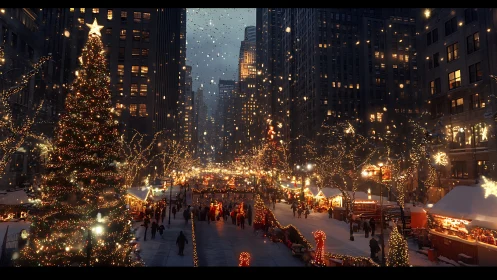 Urban winter market scene with illuminated trees and stalls.