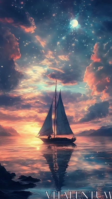 Moonlit sailboat under iridescent nebula sky at sunset.