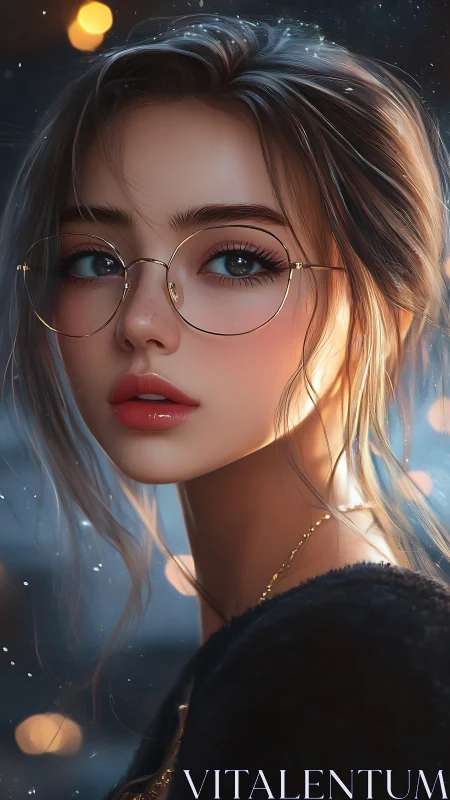 Stargazed girl in winter lights with luminous glass reflections.