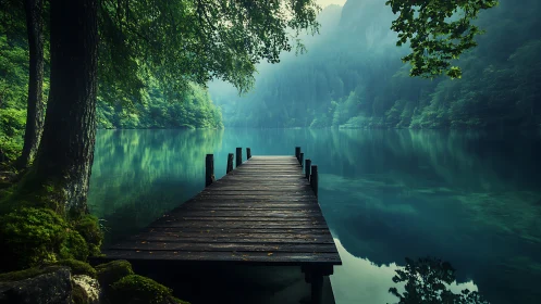Wooden lakeside pier extends into misty emerald waters.