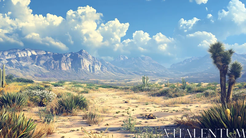 Sunlit desert valley cradled by soft blue mountain ridges.