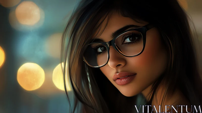 Soft city lights framing a thoughtful girl in glasses.