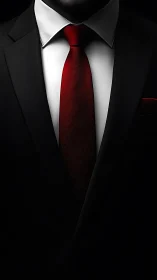Sharp black suit and vivid red tie under dramatic lighting.