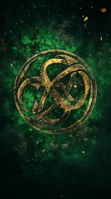 Golden Celtic knot emblem on textured emerald nebula field.