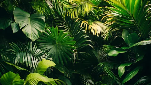 Dense tropical foliage with layered green palm leaves.
