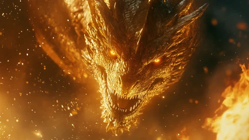 Fiery dragon head emerging through glowing embers and fire.