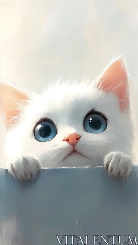 White cat with oversized eyes gazes from behind blue barrier