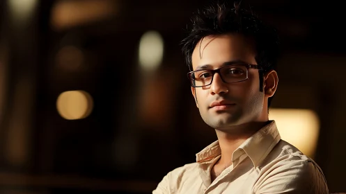 Confident young man in glasses enjoys a warm evening glow