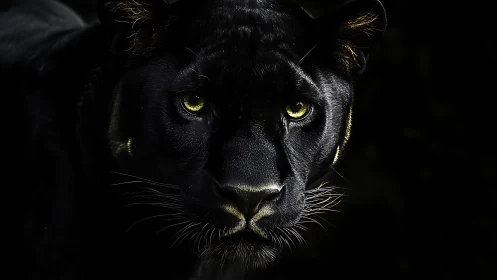 Black Panther Frontal Portrait with Luminous Amber Eyes Against Dark Background