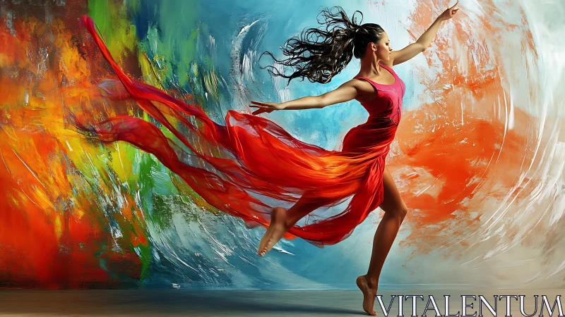 Kinetic chromatic dancer suspended in fluid motion vortex.