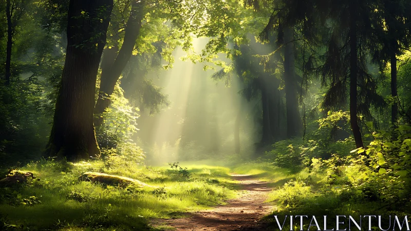 Serene Forest Path with Sun Rays in Lush Green Woodland.