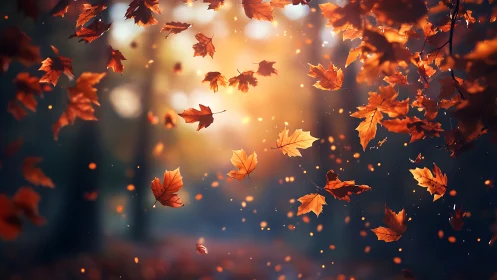 Falling autumn leaves glowing in a warm forest sunset.