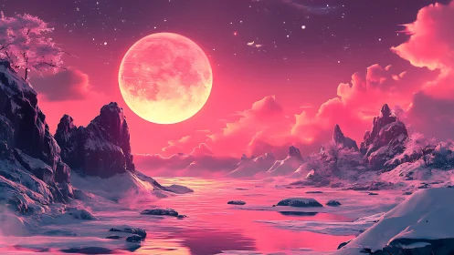 Pink lunar landscape over frozen river and mountains.