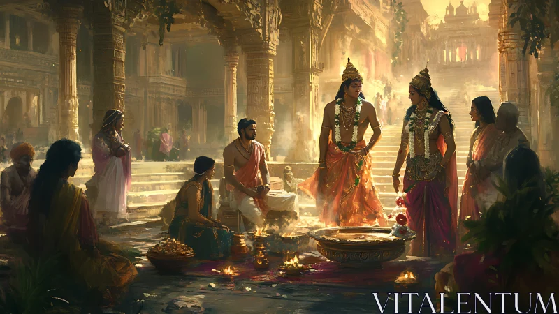 Royal temple council under golden ceremonial light.