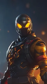 Glowing armored hero standing bold in a fiery night scene.