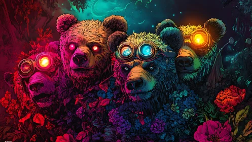 Four neon bears with goggles in dense glowing forest.
