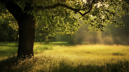 Sunlit meadow hush beneath a kindly guardian tree.