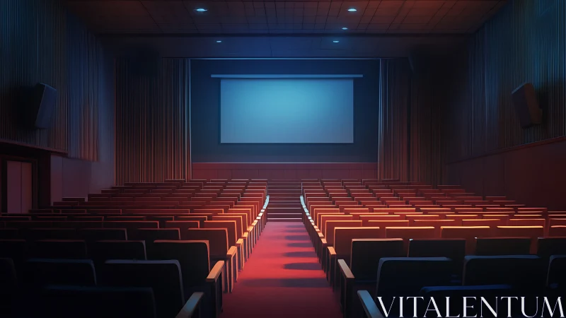 Empty cinema auditorium shows screen under soft aisle light