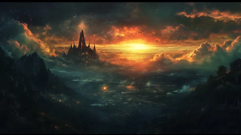 Celestial citadel crowns luminous valley beneath burning sky.