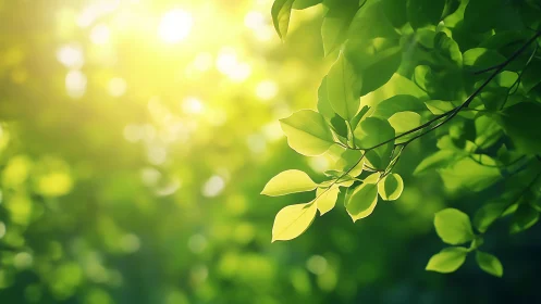 Sunlit green leaves with soft bokeh background in nature style.