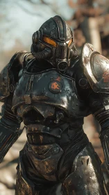 Armored exosuit figure in worn black power armor outdoors.