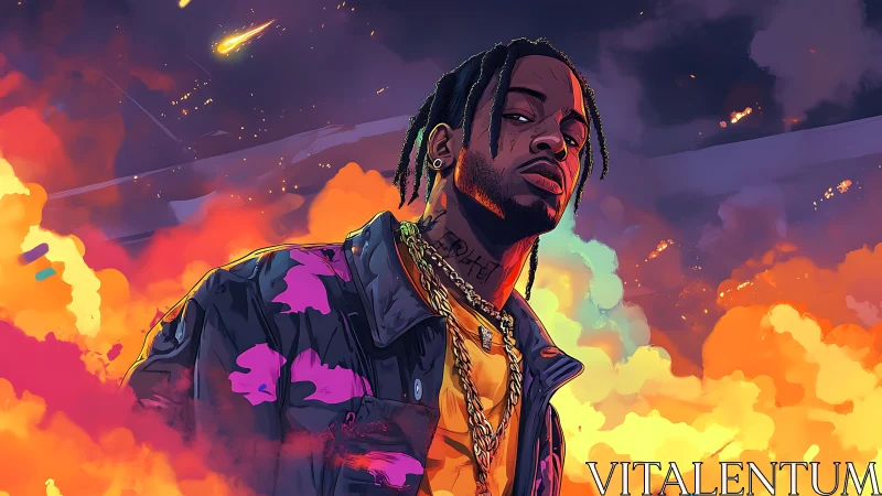 Digital portrait of man in clouds with vivid neon colors.