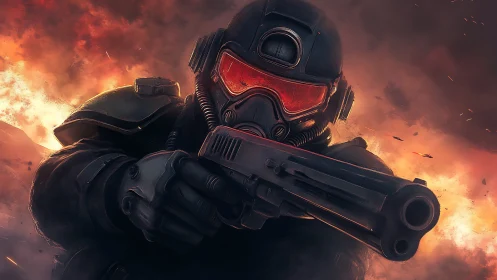 Flame-lit shock trooper strides through shrapnel storms.