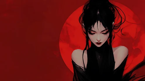 Quiet moonlit sorceress wrapped in deep crimson mystery.