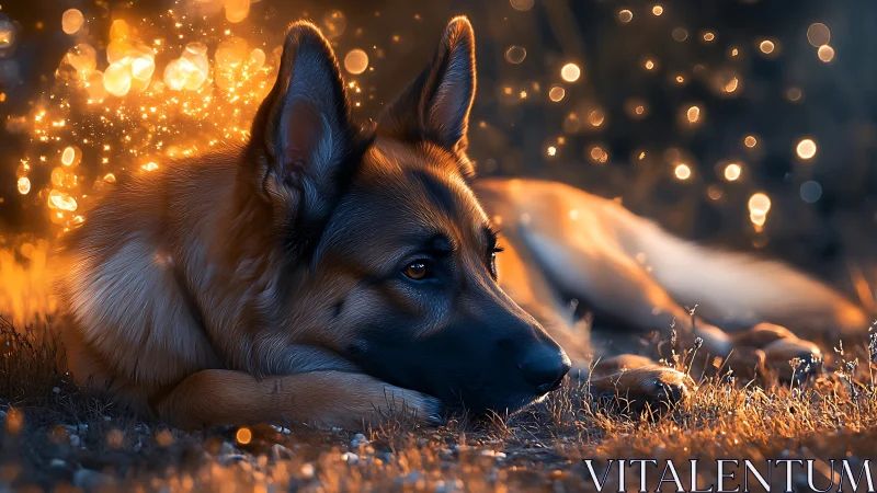 Digital painting of resting shepherd dog with bokeh glow effects.