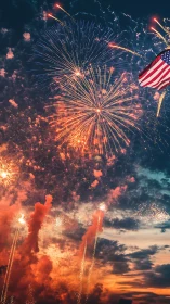 Sky-bursting fireworks salute beside a bold striped banner.