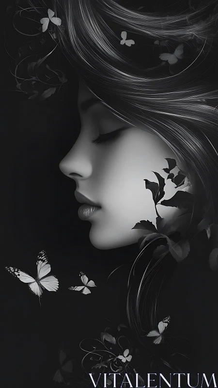 Ethereal woman in profile amid luminous monochrome butterflies.