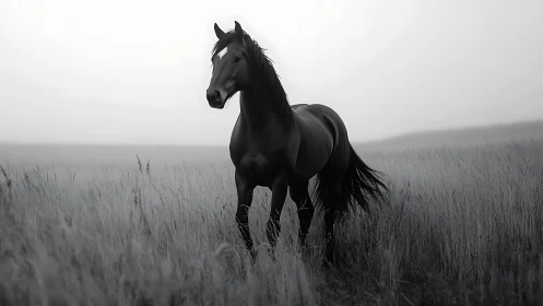 Solitary horse standing quietly in misty open grassland.