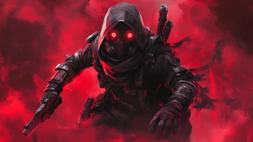 Hooded cyber assassin advancing through crimson smoke.